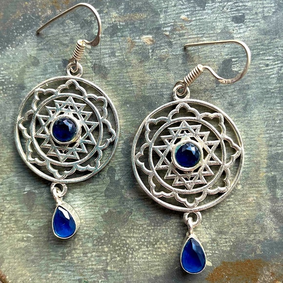 Silver 925 Blue Topaz Spiritual Mandala Dangle Drop 2” Pierced Earrings - Picture 7 of 8